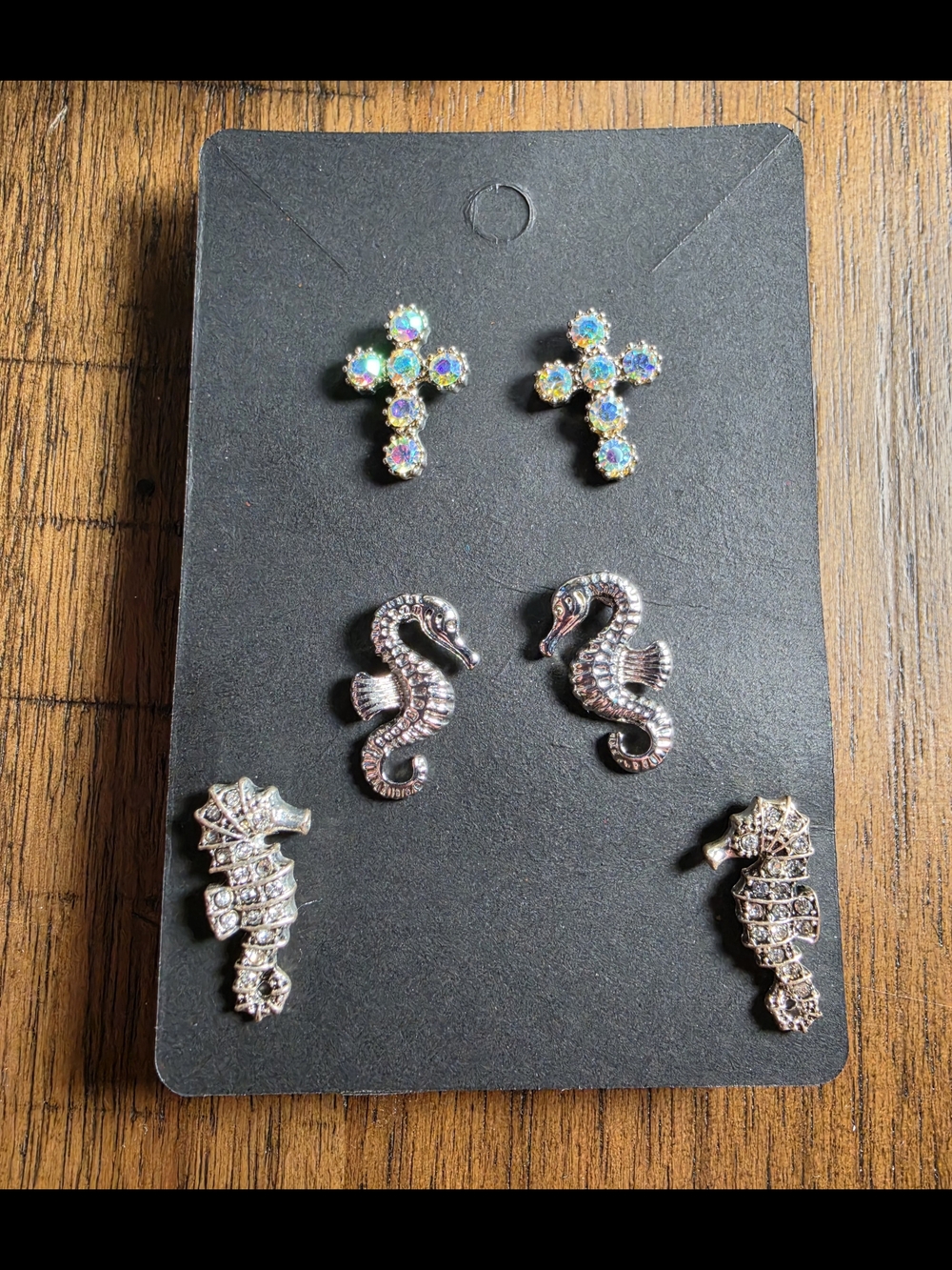 Rhinestone Cross & Seahorse Earring Set - Sparkling Silver and Aurora
